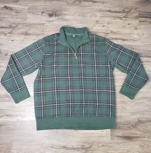 Land's End Men's XL Plaid Holiday Sweater 1/4 Zip Green Classic Business Office